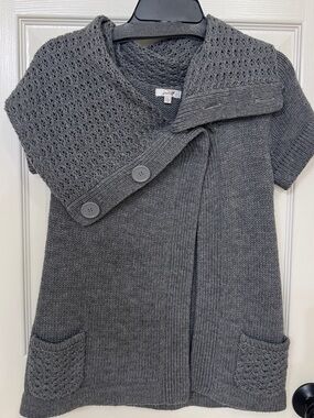 Grace Gray Short-Sleeve Open Cardigan with Buttoned Shawl